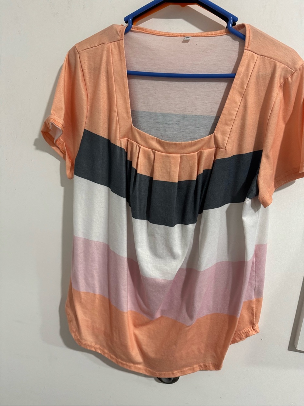 Women's Peach Striped Scoop Neck Short Sleeve Top